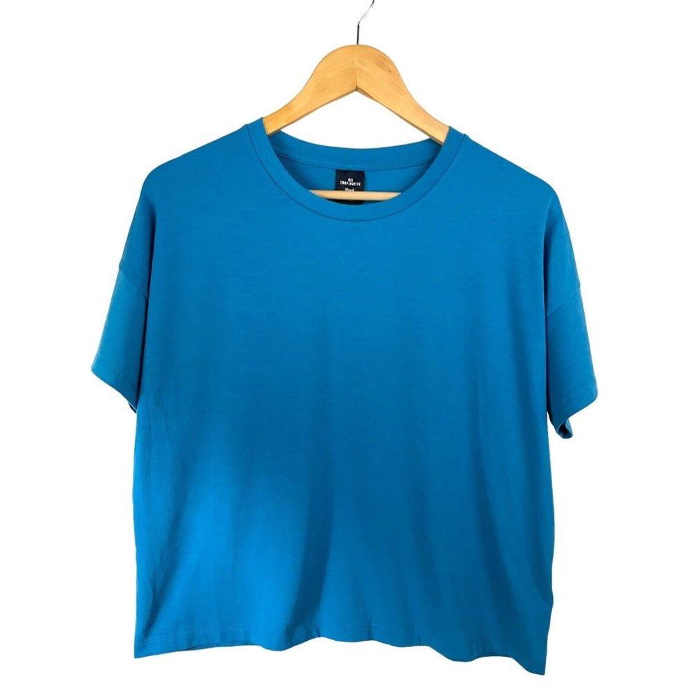 REI T Shirt Women Size XS* Oversize Teal Blue Short Sleeve Cropped Active Hiking